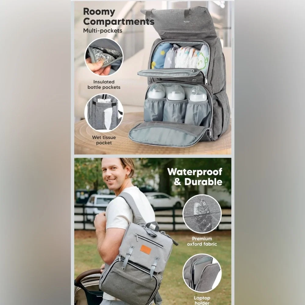 NWT..Gray Diaper Bag Backpack for Men and Women - Picture 2 of 9